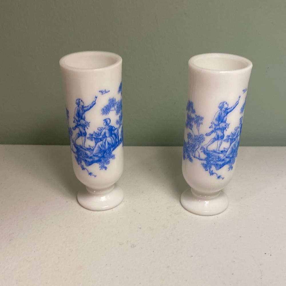 Vintage Avon Milk Glass Blue and White Toile Design Bud Vase Set of 2